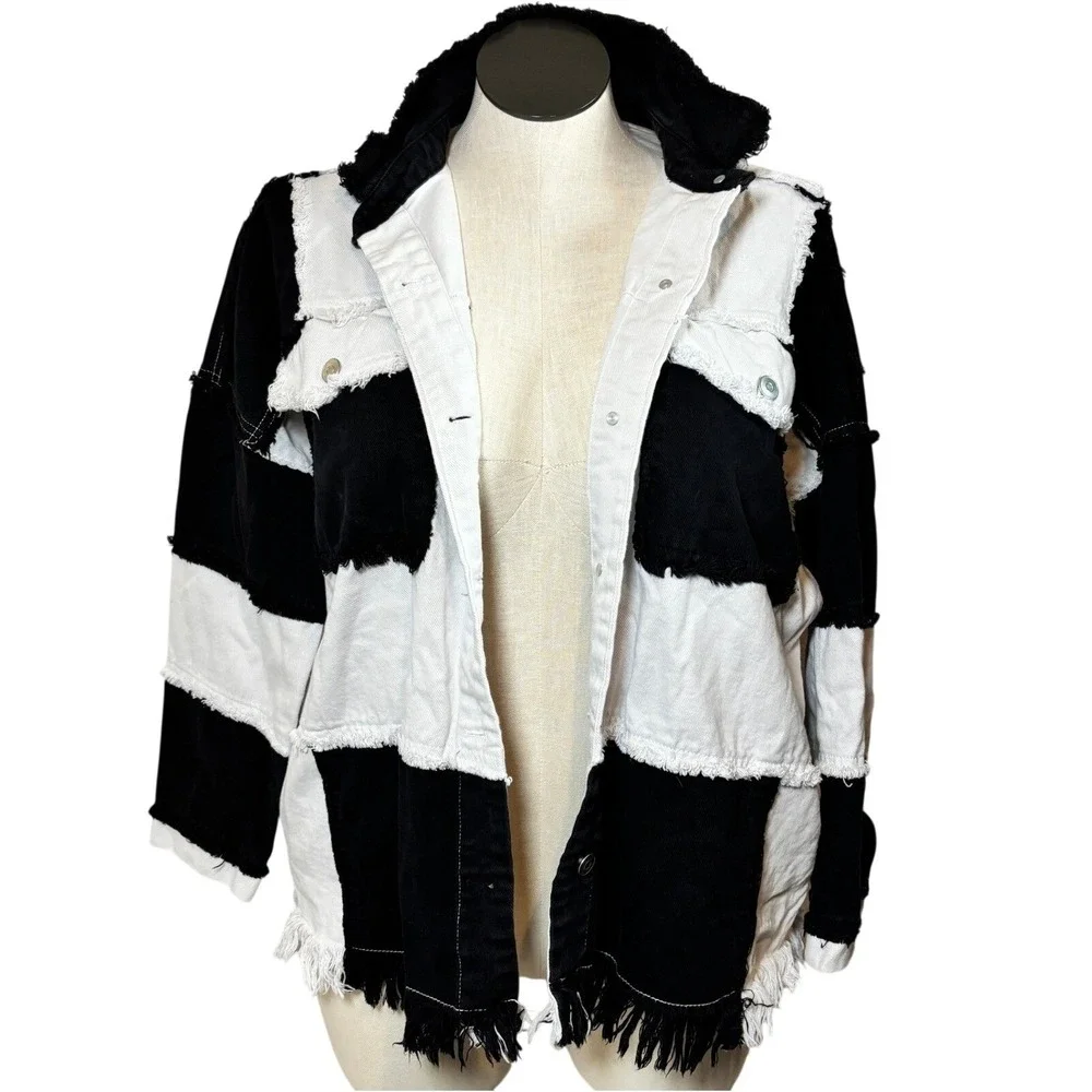 Black White‎ Fringed Patchwork Denim Grunge Jacket Raw Hem Shacket Size M
